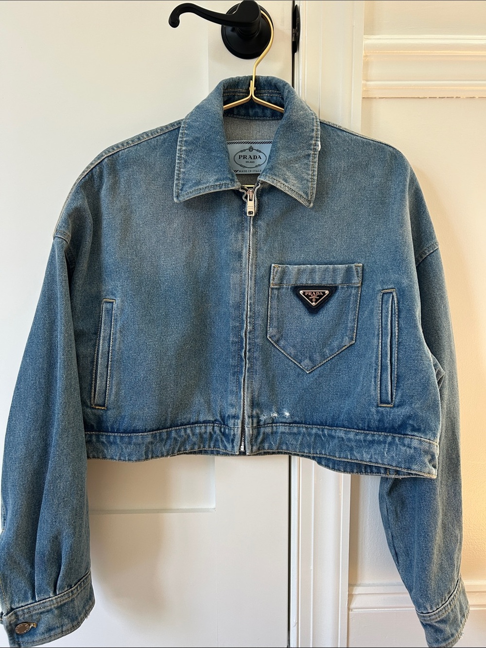 Current Season!! Prada Medium Blue Cropped Denim Zip-Up Jacket
